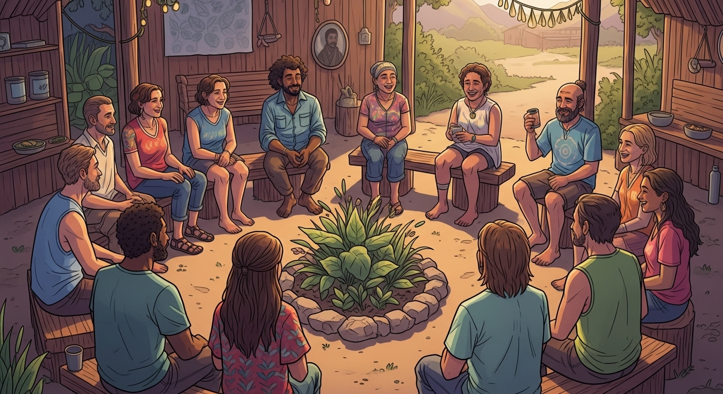 Imagem representando as formas de com-participar e apoiar a Vila Arco-Íris, um projeto de descolonização e biointeração.